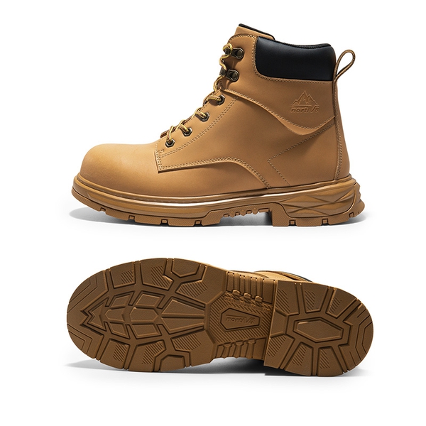 Men's Water-Resistant Steel Toe Leather Work Boots - YELLOW - 4